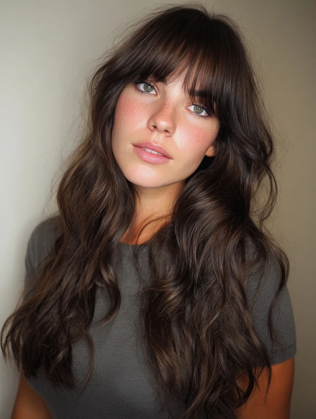 Wavy layers with full bangs on brunette hair