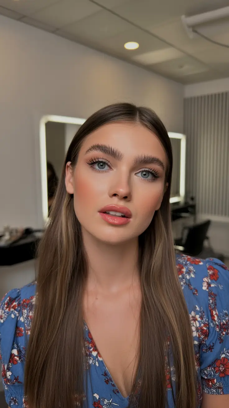 Sleek long hair with center part