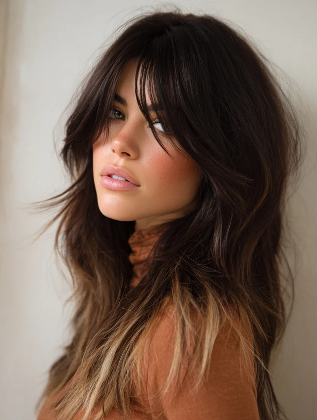Long layers with curtain bangs and ombre color
