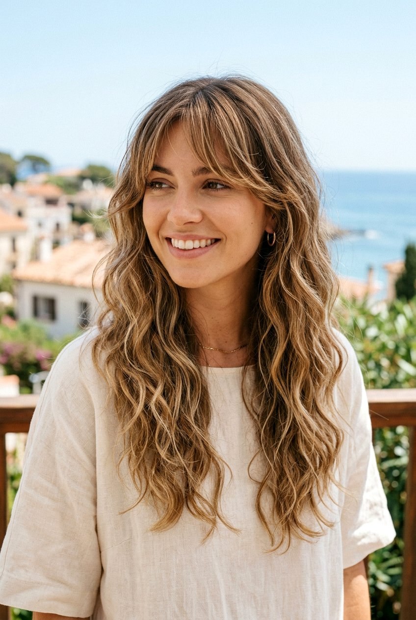 Beachy waves with curtain bangs for a relaxed look