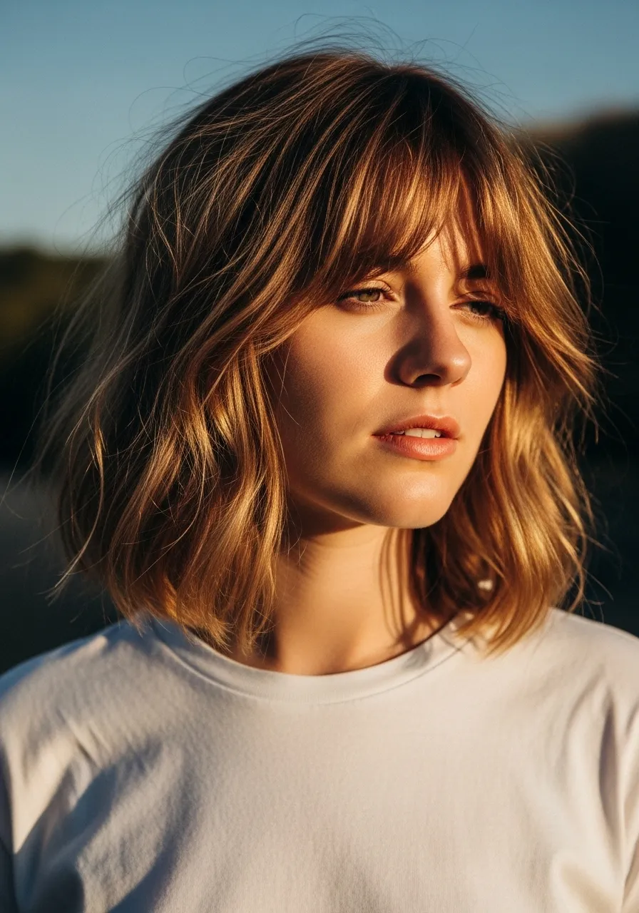 Textured lob with full bangs for a trendy style