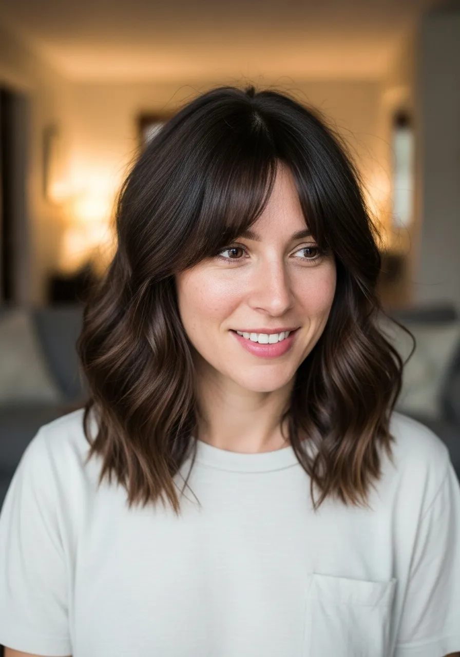 Wavy bob with curtain bangs for a soft, airy look
