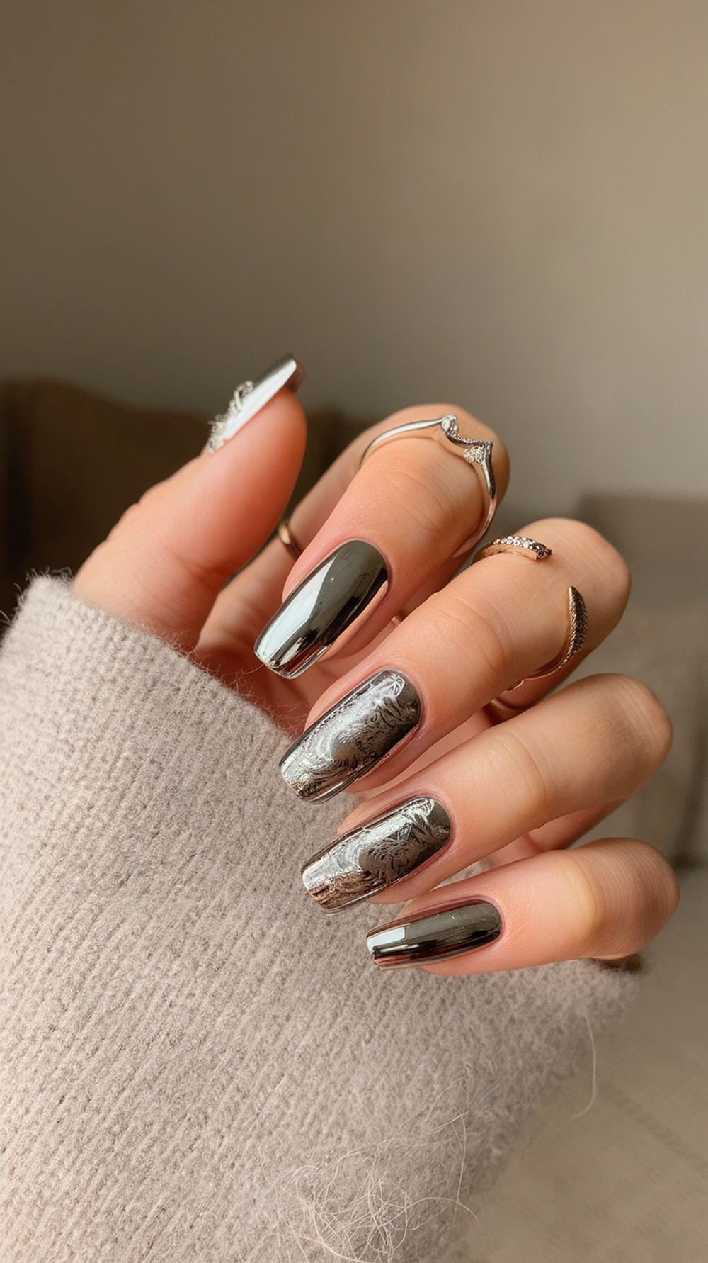 Bold chrome nails with reflective finish, futuristic nail trend
