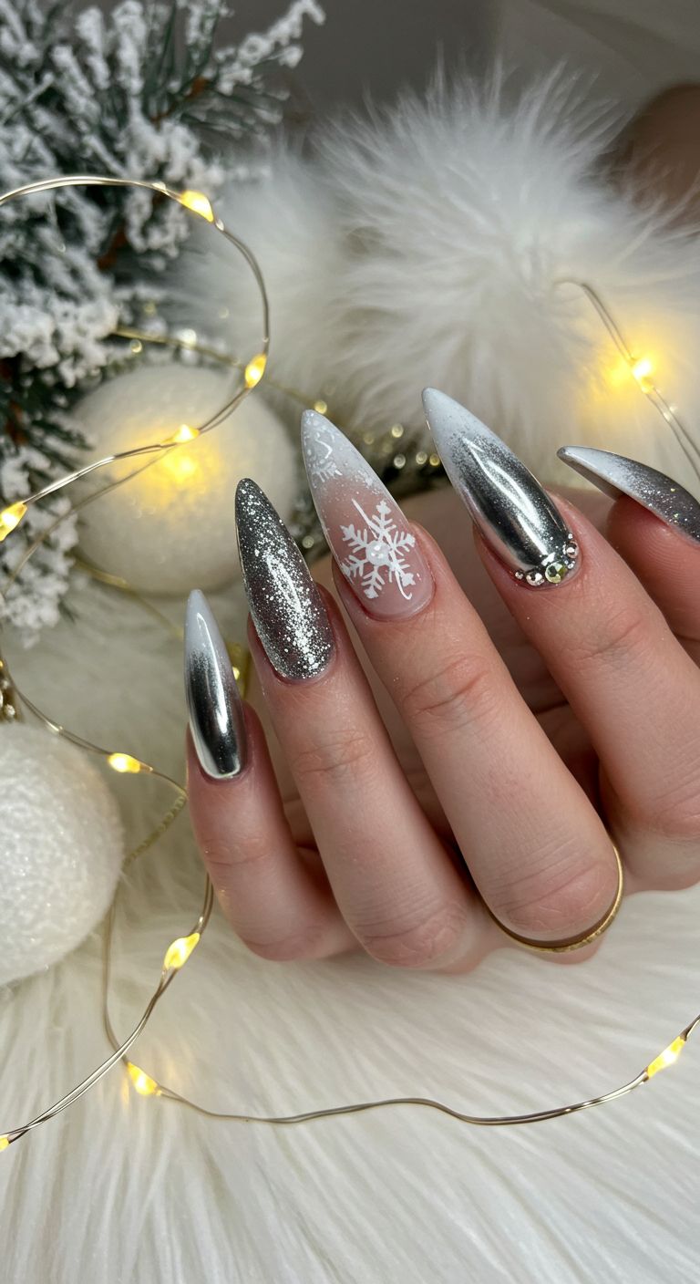 Long stiletto nails with silver and snowflake design, winter nail art