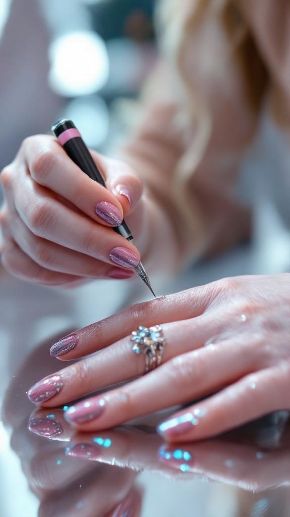 Oval nails with pink and silver shimmer, elegant nail art