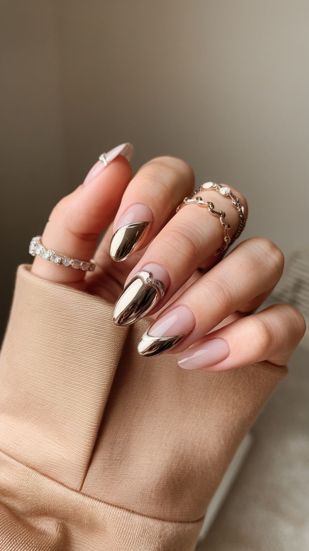 Almond nails with gold and silver tips, elegant nail art