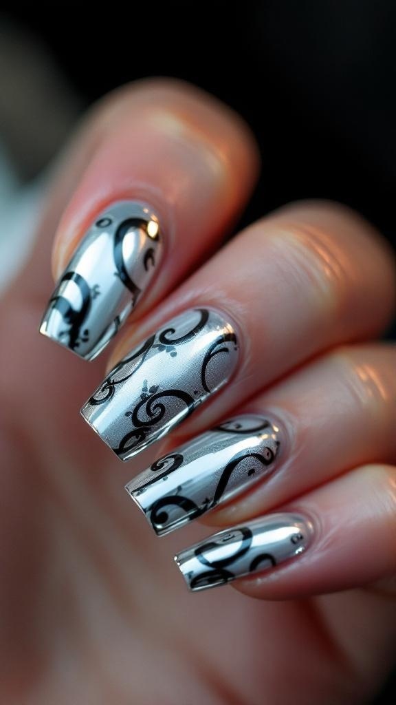 Short square nails with silver scroll design, elegant nail art