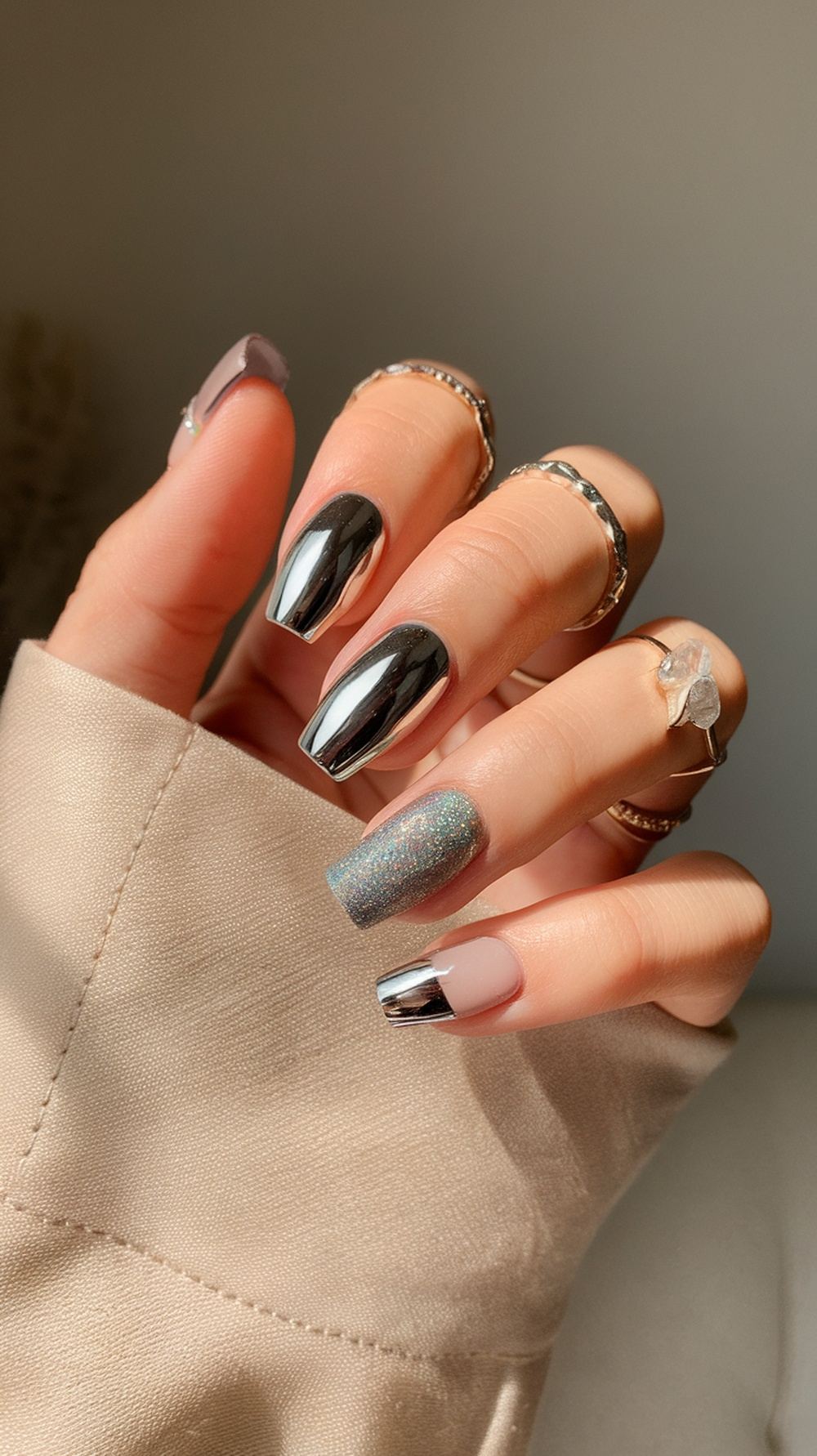 Square nails with mixed metallic finishes, versatile nail art