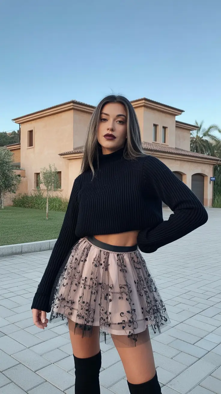 Tulle skirt with knit turtleneck for a whimsical look