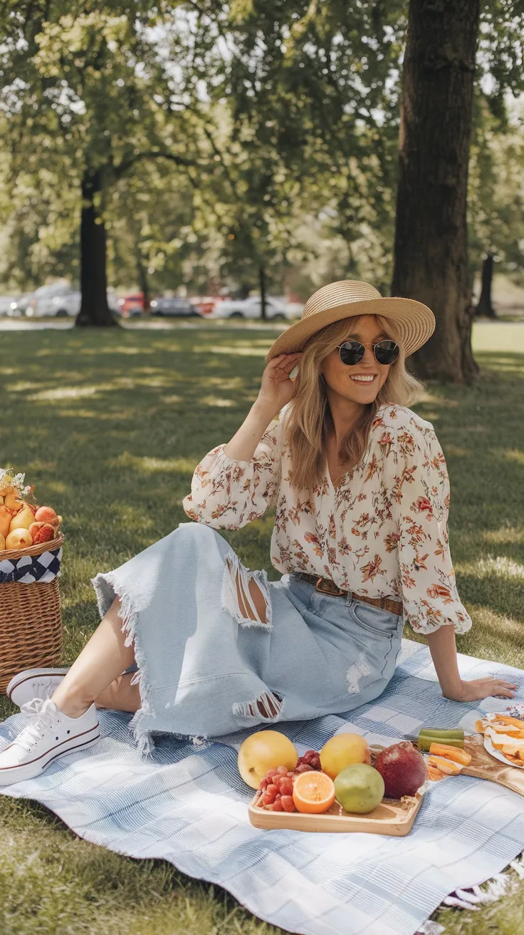 Denim skirt with floral blouse for picnic