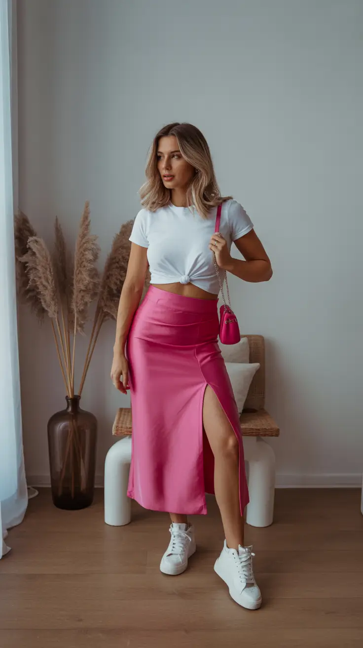 Pink satin skirt with knotted tee for modern flair