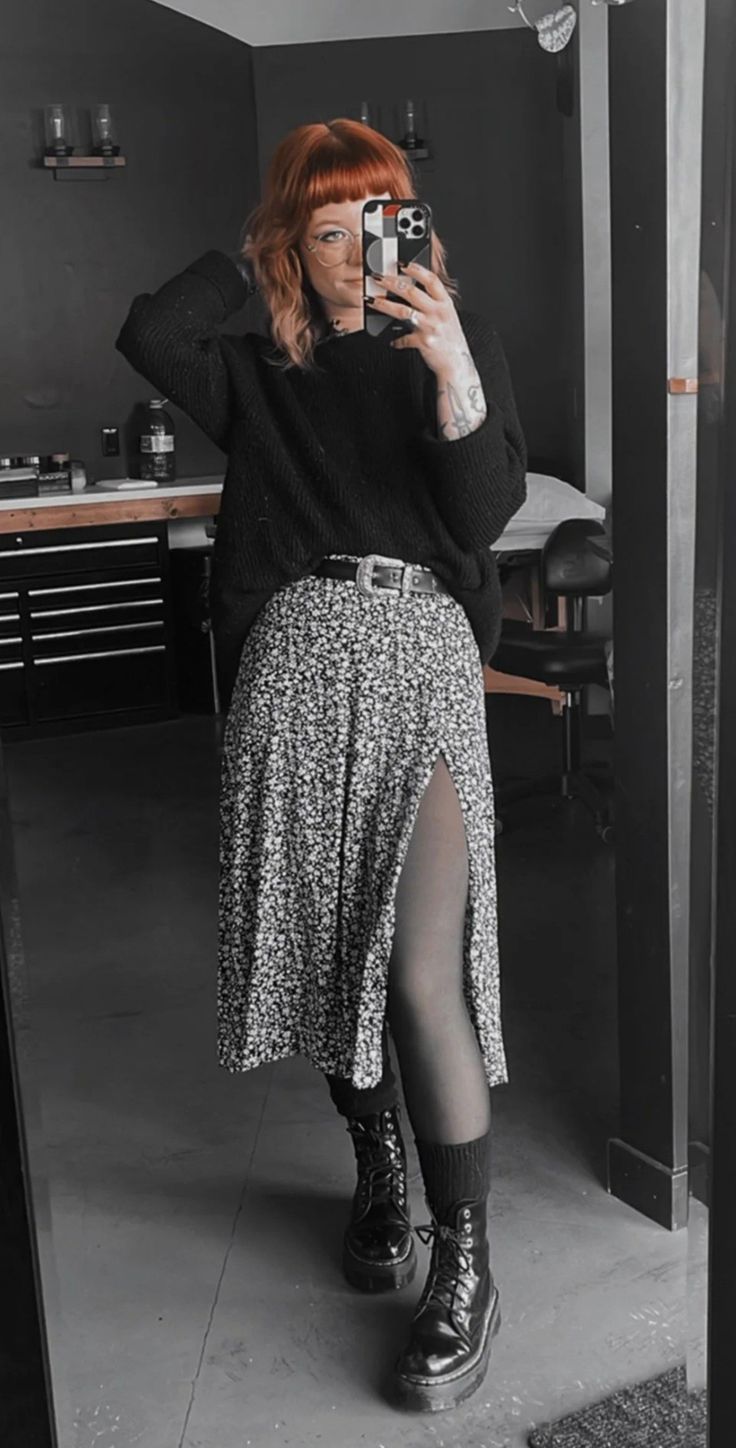 Floral skirt with boots for edgy look