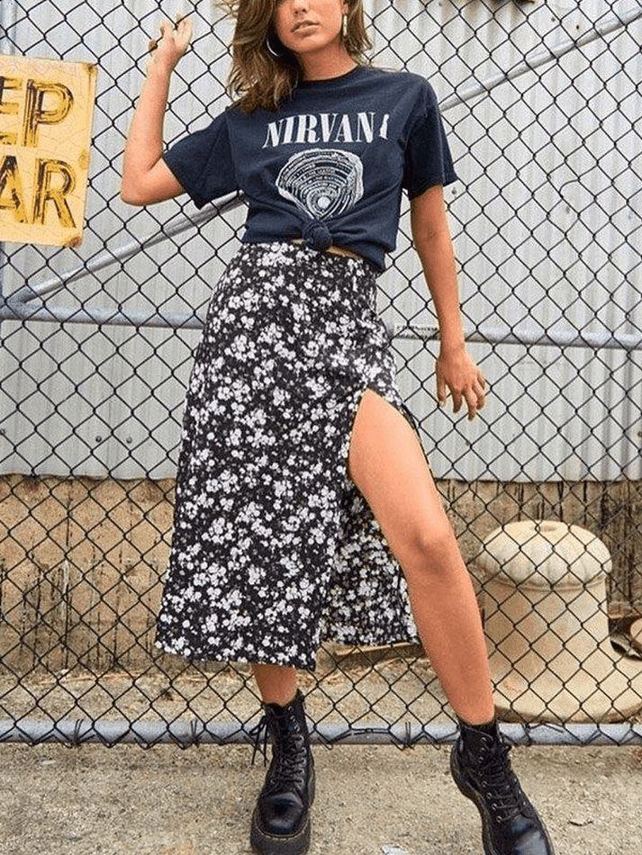 Floral skirt with band tee and boots