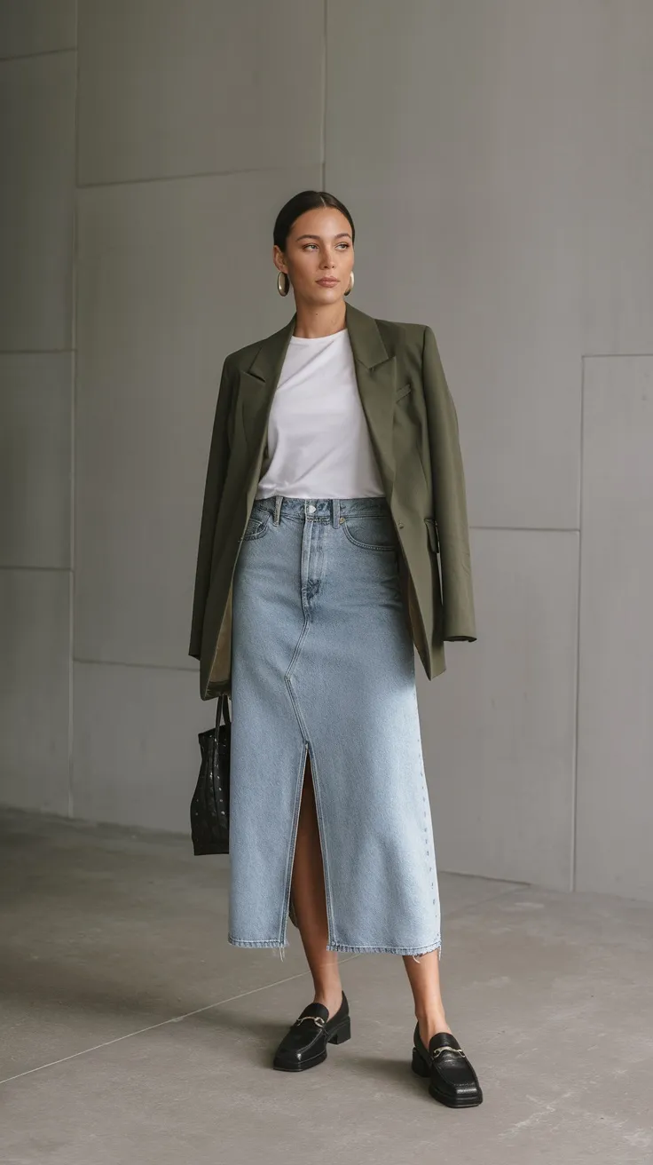 Denim skirt with blazer and loafers