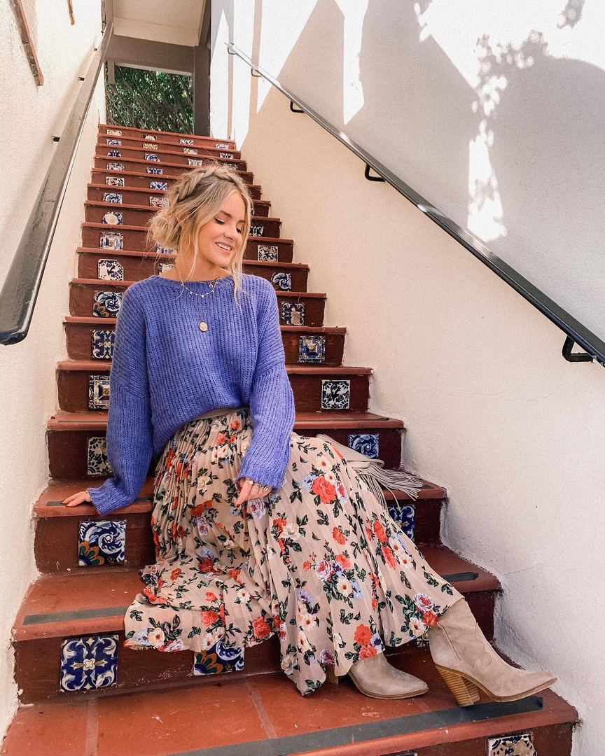 Floral maxi skirt with knit sweater for boho style