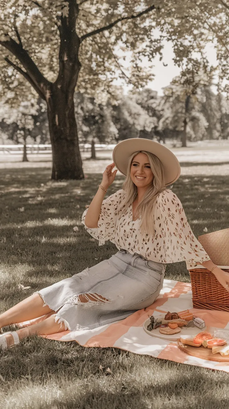 Denim skirt with floral blouse for a picnic