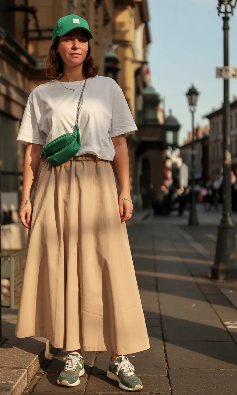 Beige maxi skirt with white tee and sneakers