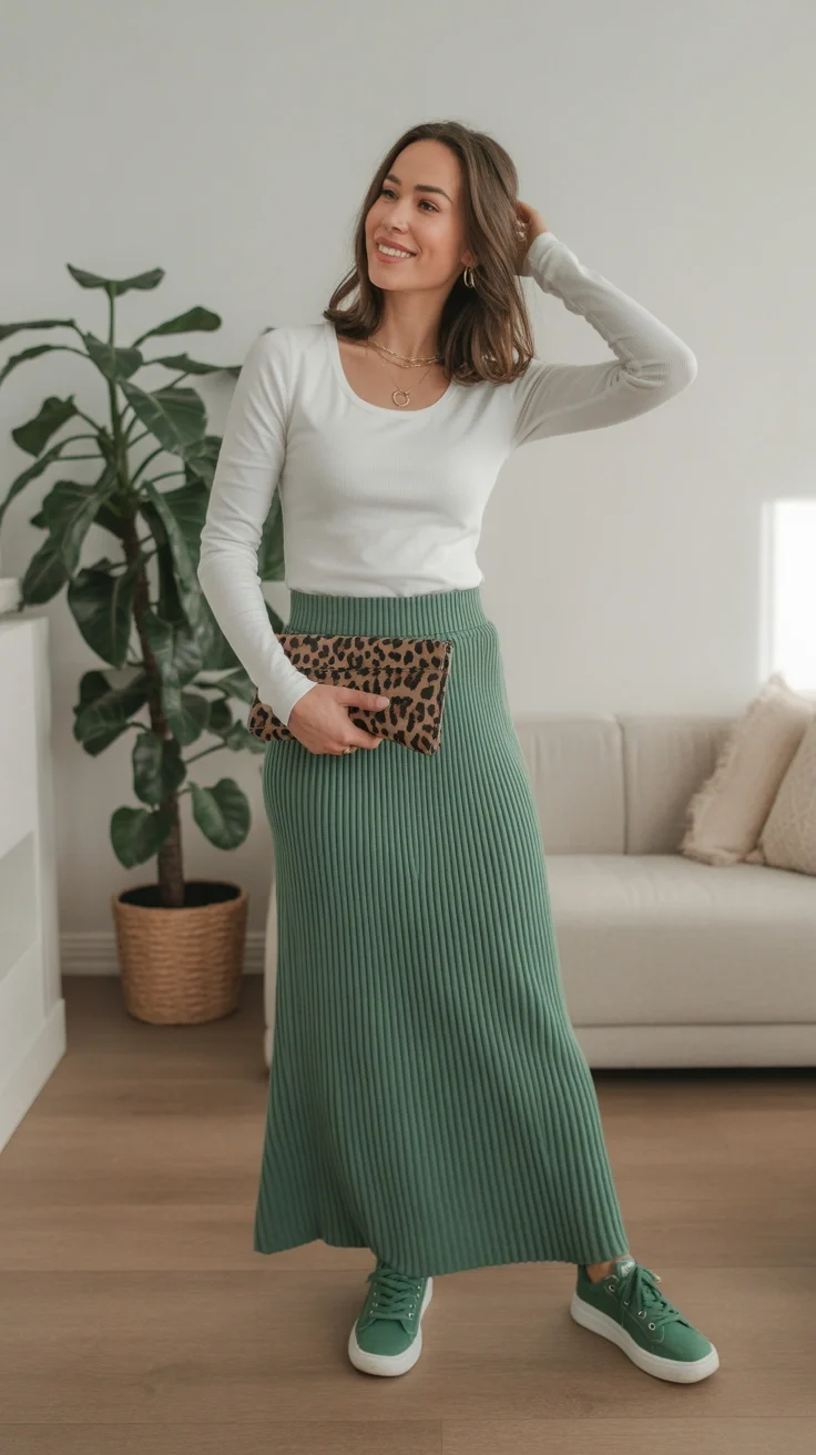 Green knit skirt with white top and sneakers