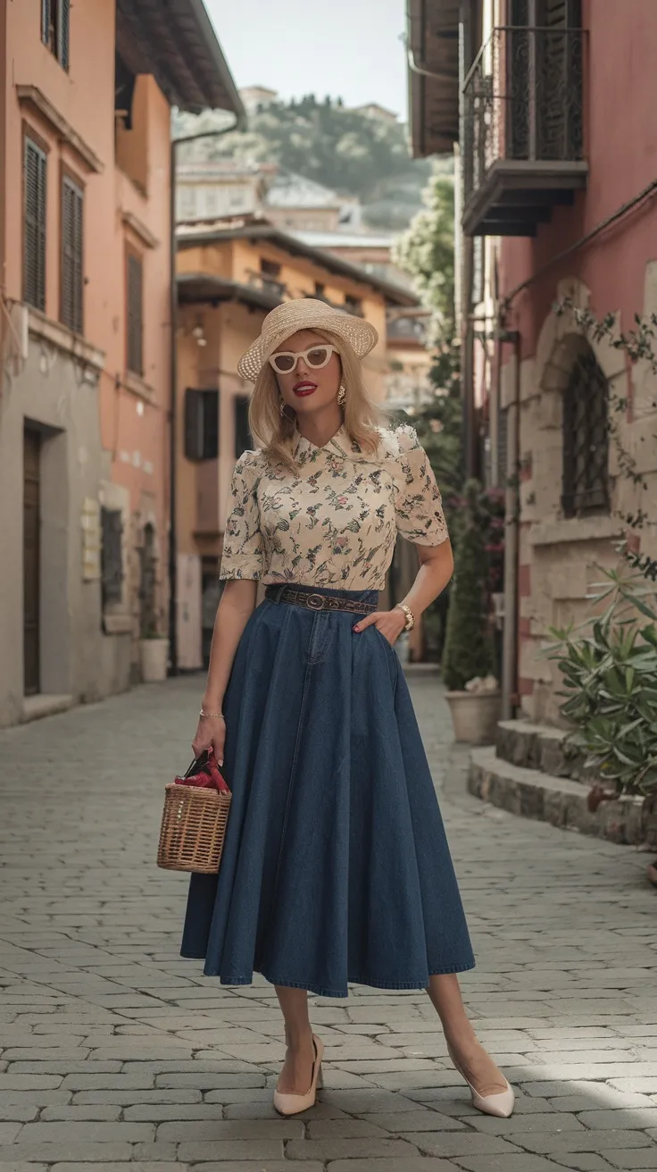 Denim midi skirt with floral top and hat