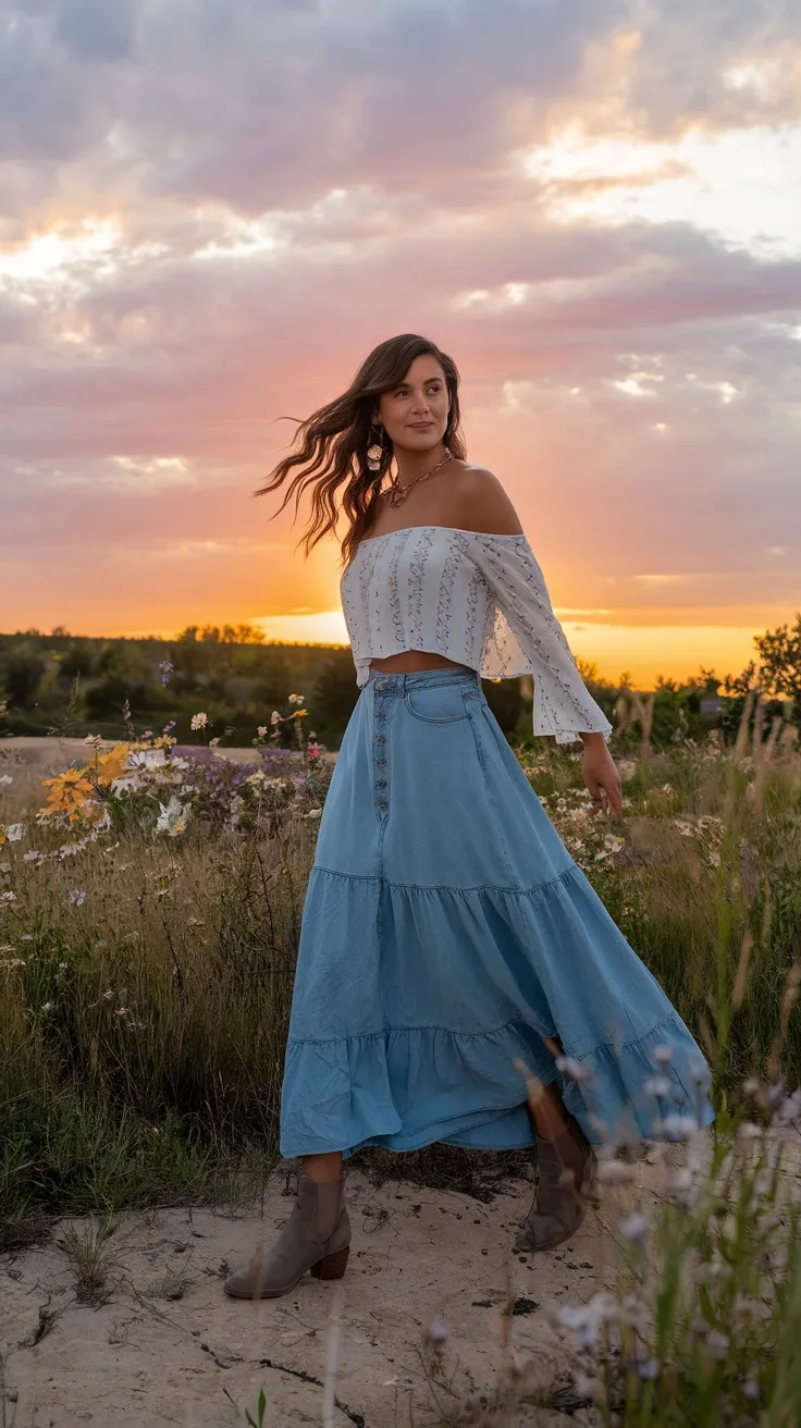 Denim maxi skirt with off-shoulder top
