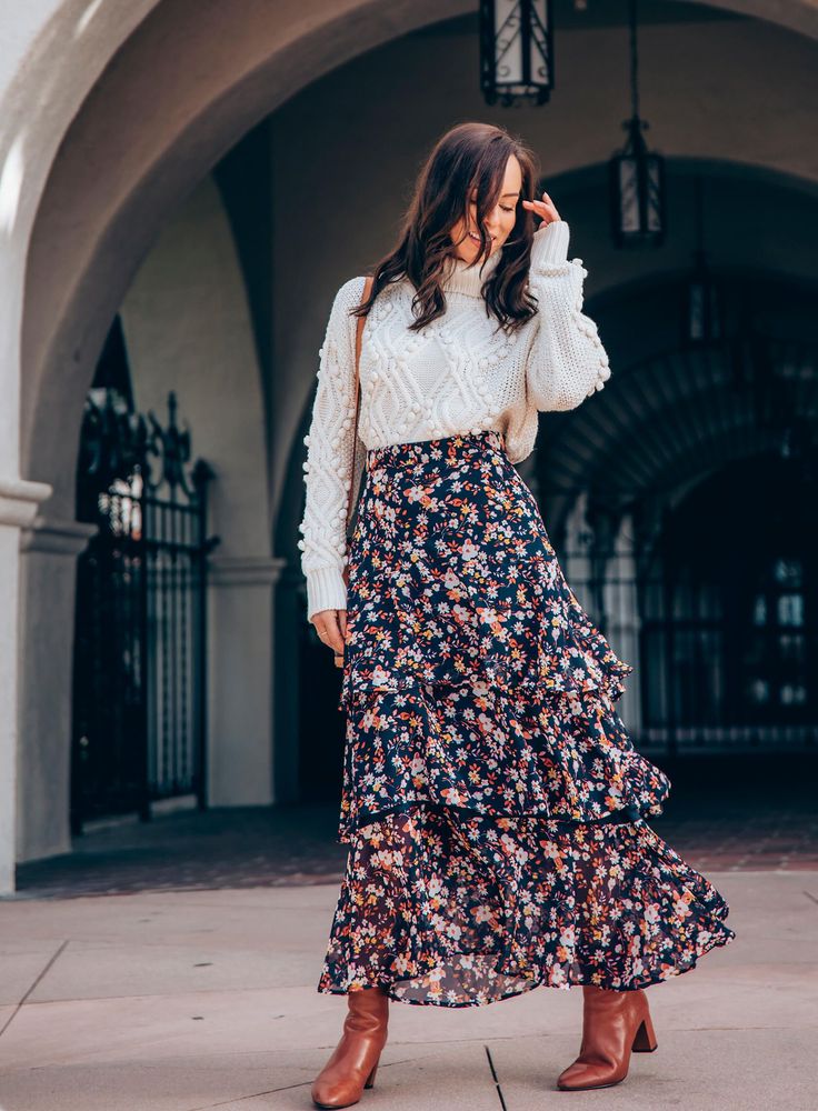 Floral skirt with chunky knit sweater and boots