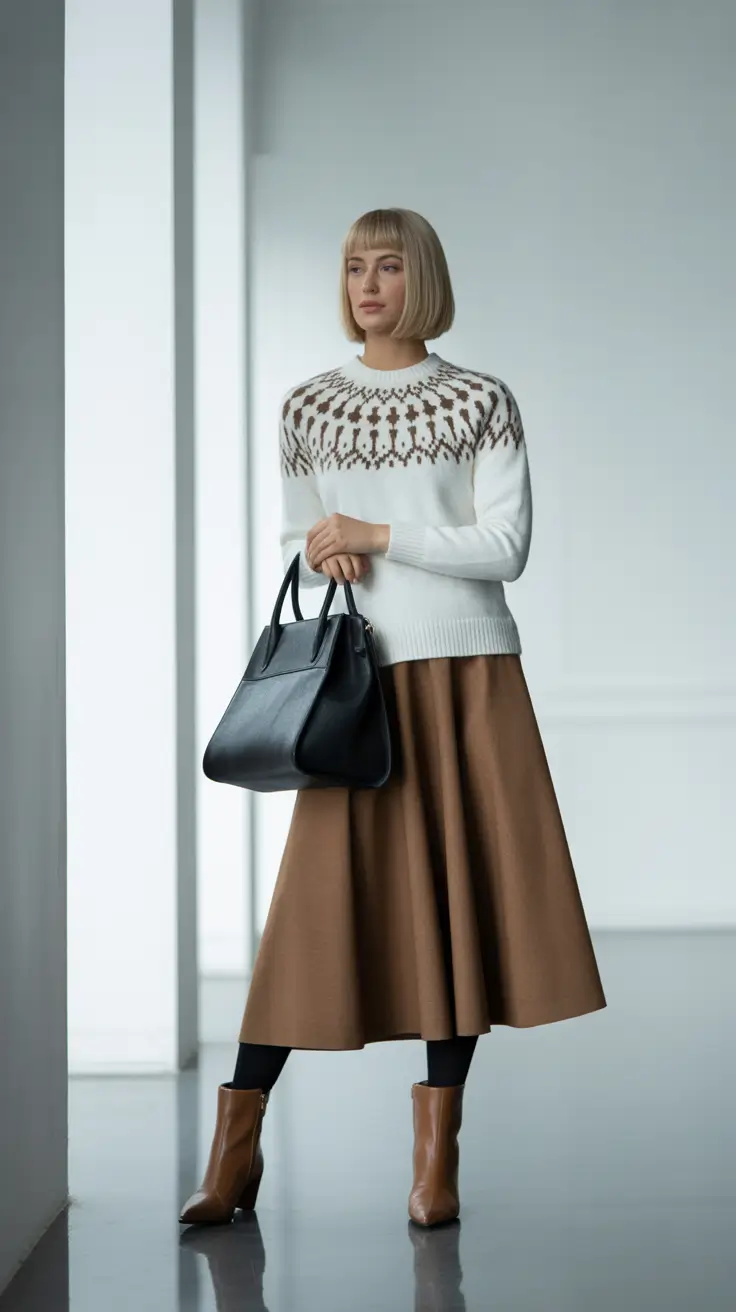Sweater with midi skirt and boots