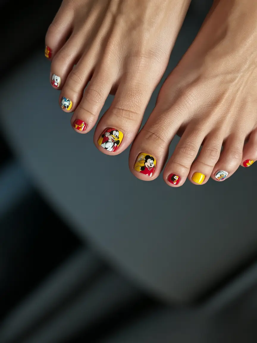 Colorful cartoon character toe nail design with playful themes
