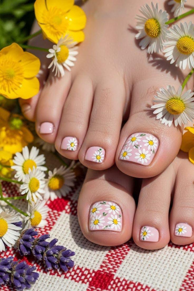Daisy-patterned toe nail design with a fresh spring vibe
