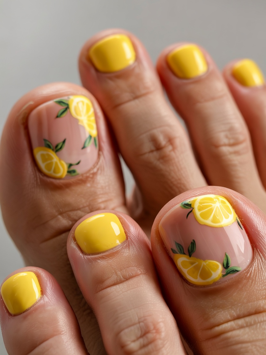 Yellow toe nails with lemon fruit designs