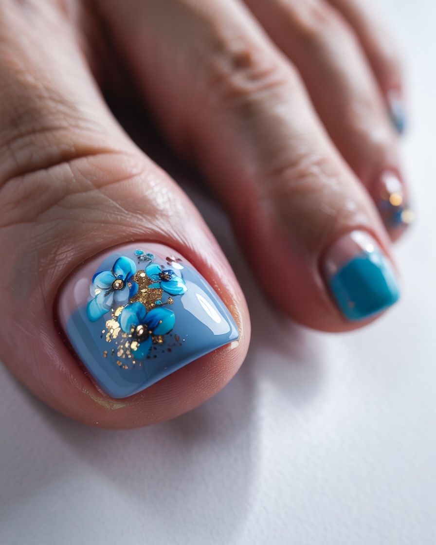 Blue toe nails with floral art and gold accents