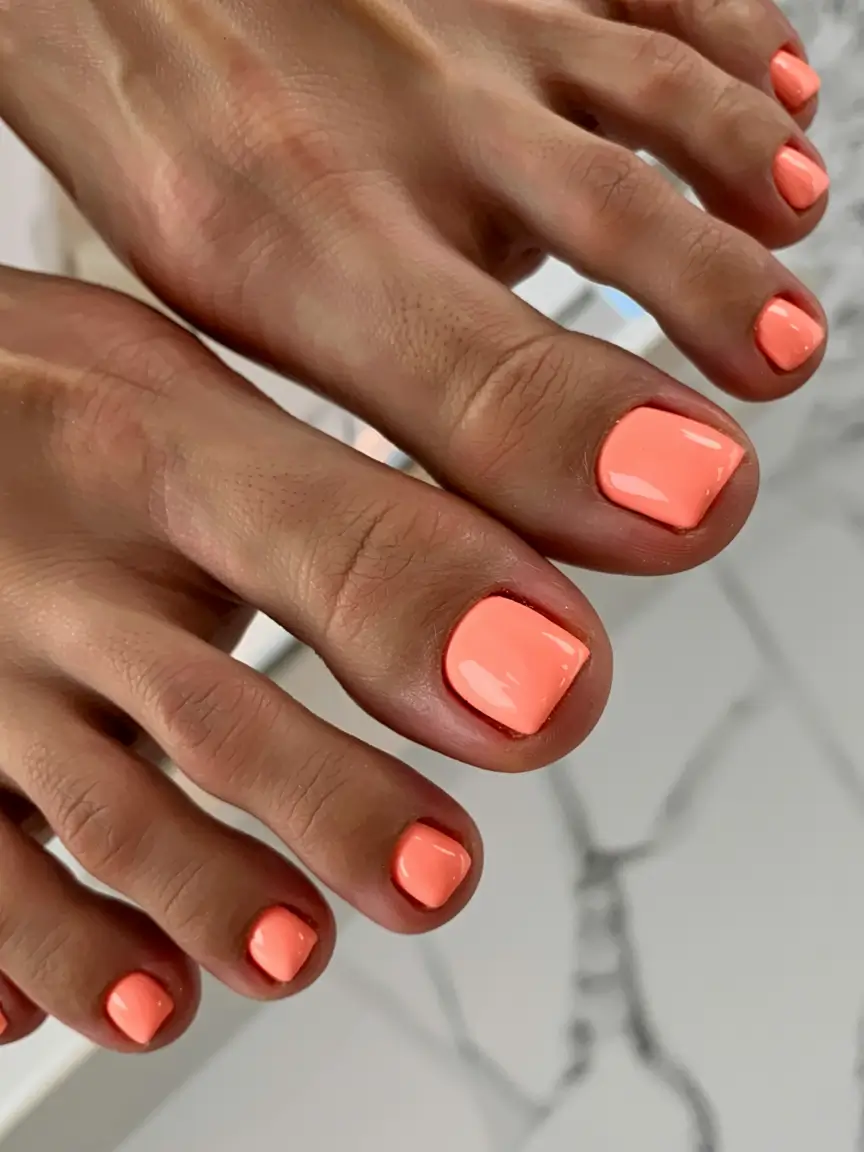 Coral toe nails with a glossy finish