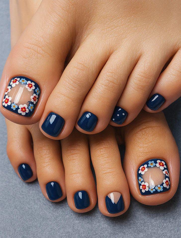Navy blue toe nails with floral frame design