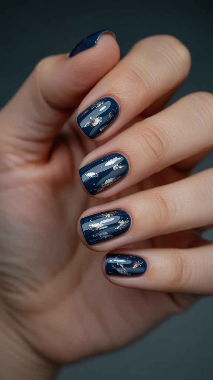 Navy nails with silver accents, short square shape, celestial design