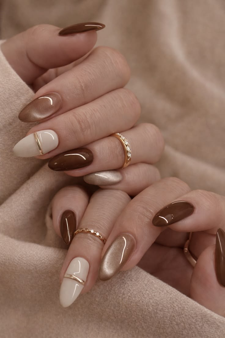 Chocolate and cream nails, almond shape, elegant and versatile design