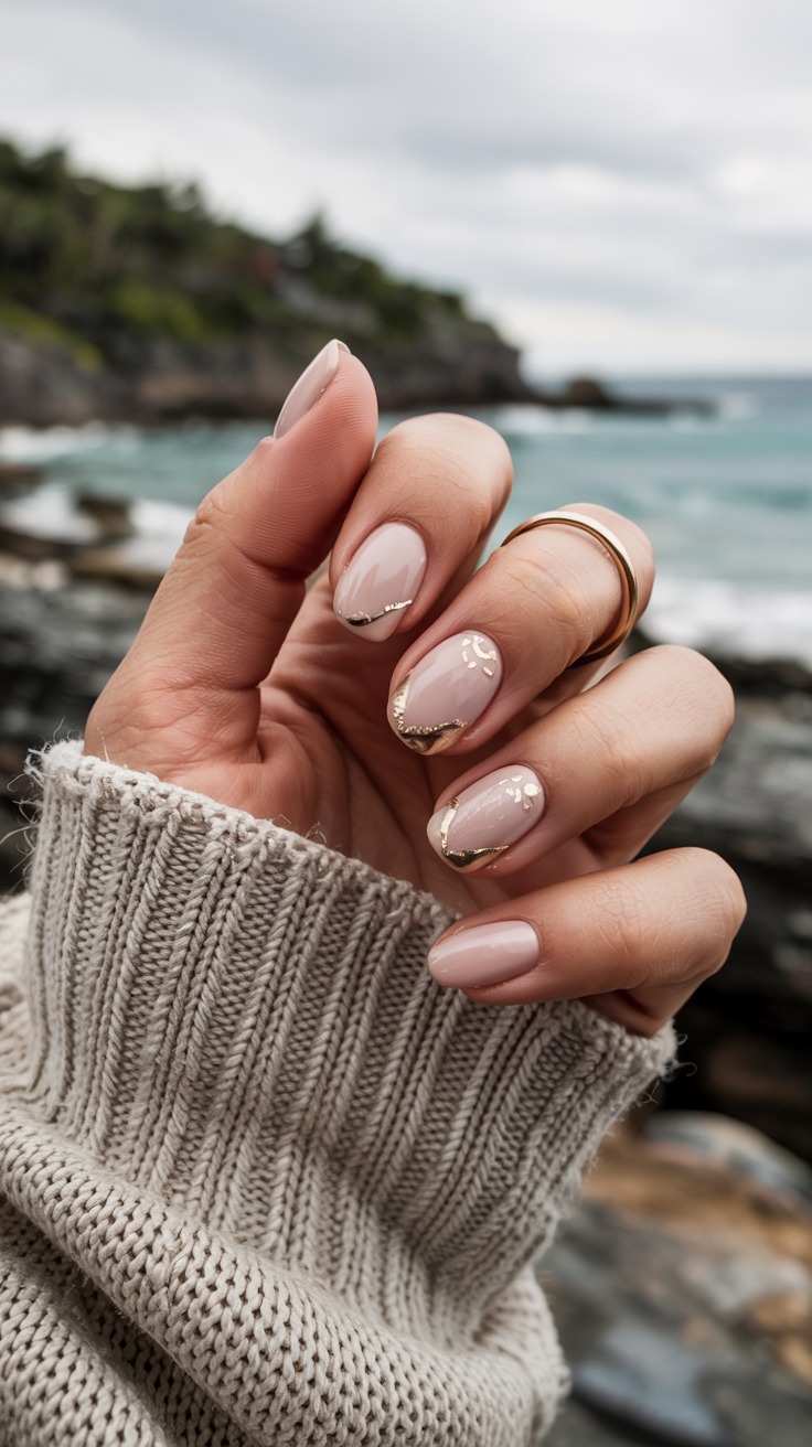 Nude and gold nails, elegant design, perfect for weddings or evenings
