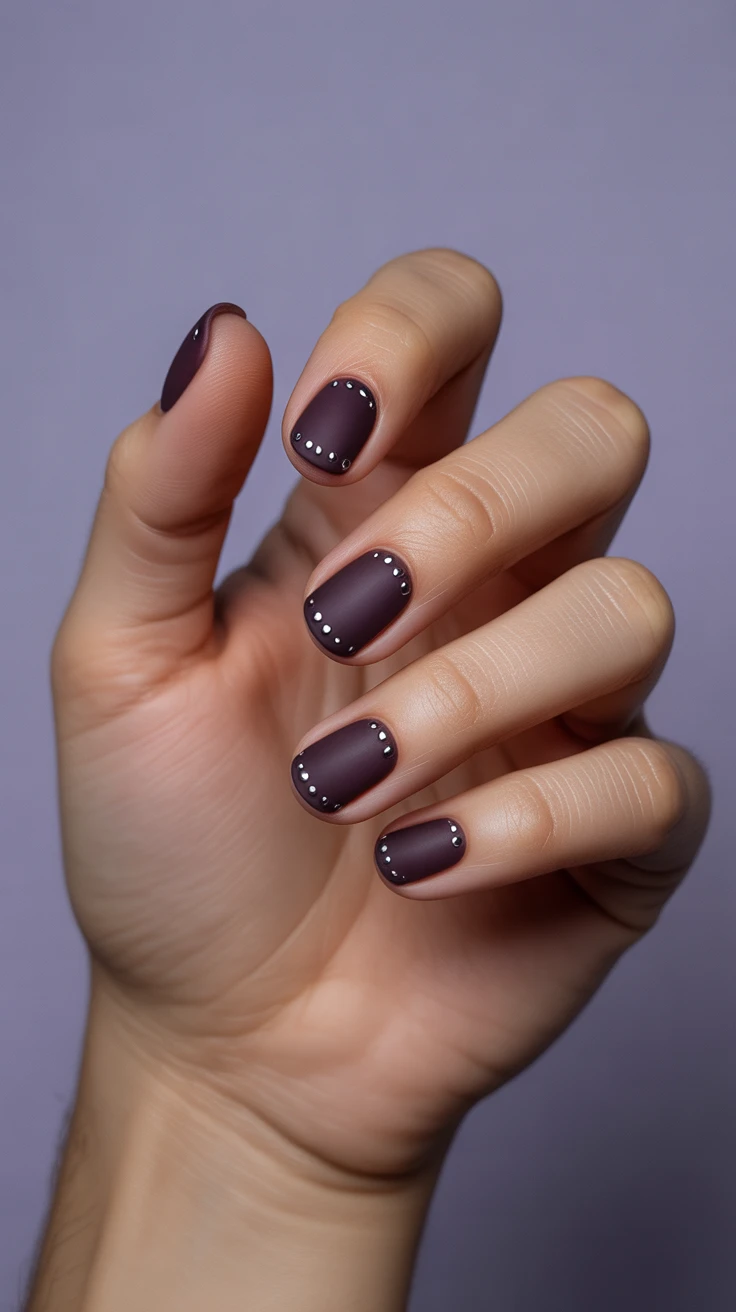 Plum nails with studs, short square shape, elegant style