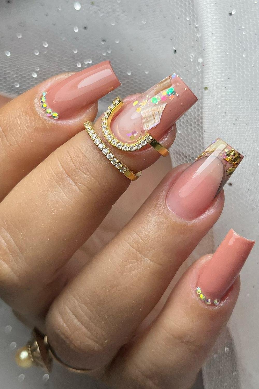 Champagne glitter nails, long square shape, party-ready style