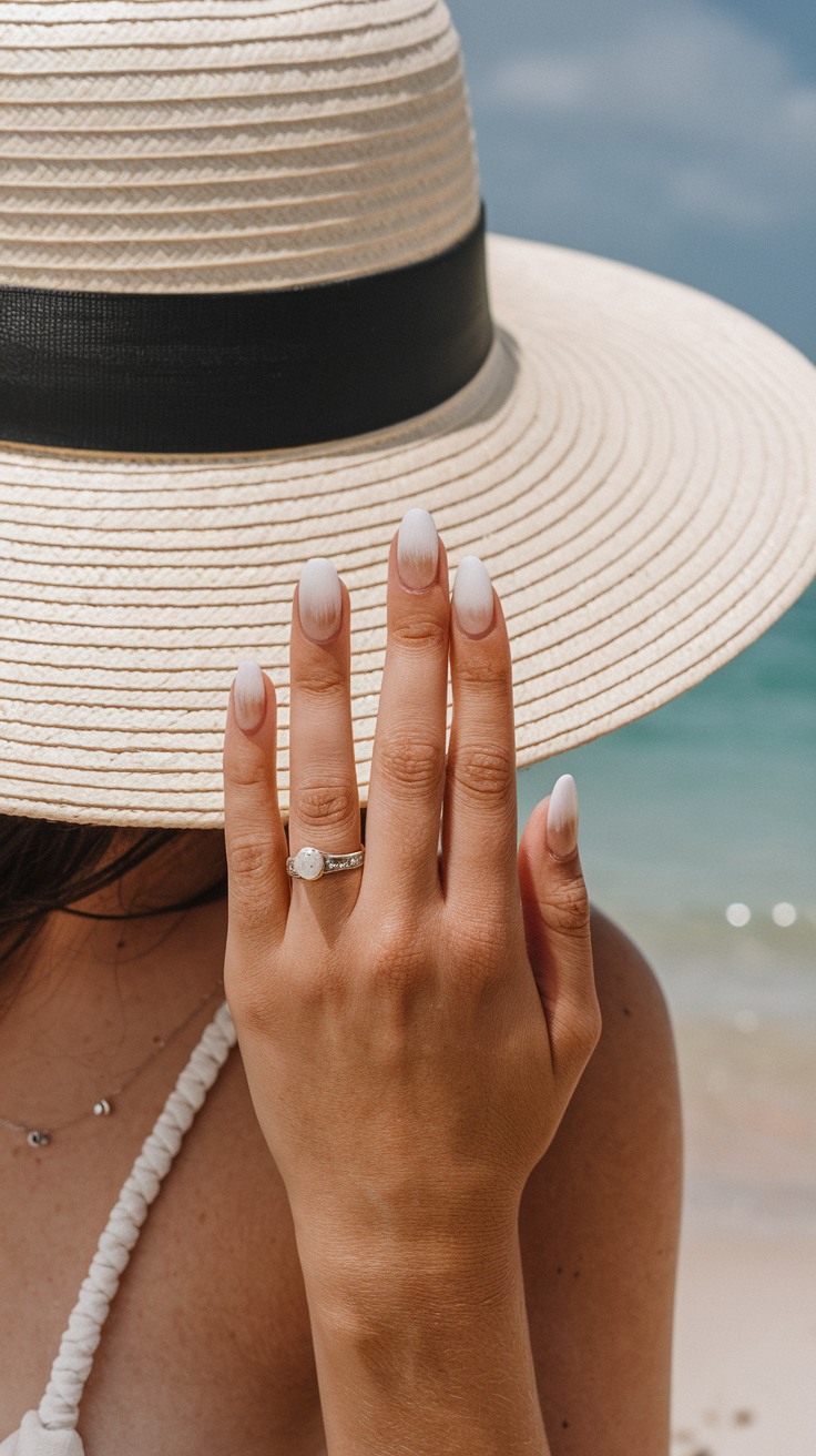 White minimalist nails, almond shape, beach elegance