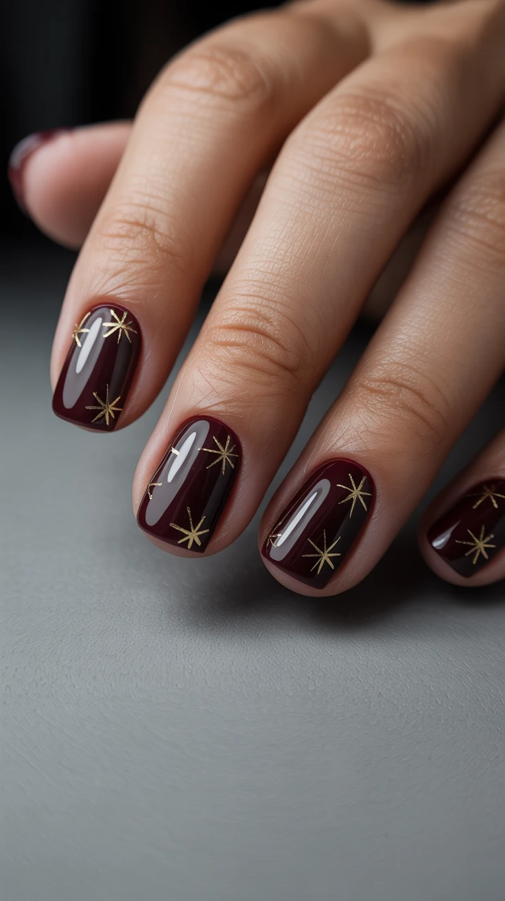 Dark burgundy nails with gold stars, short square shape