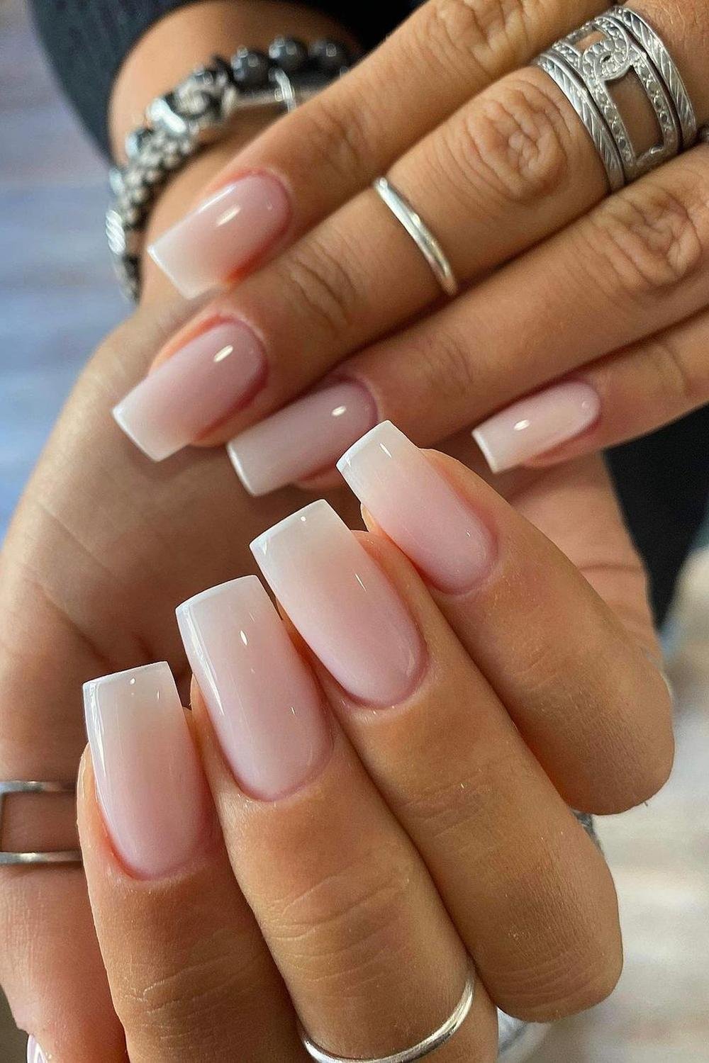 Ombre nails in soft pink, coffin shape, romantic style