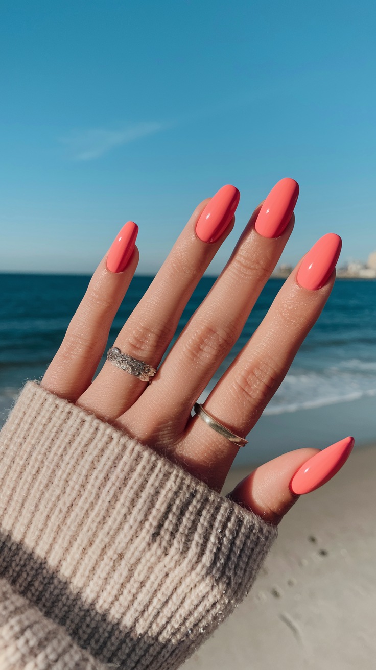 Coral nails, almond shape, beachy summer style