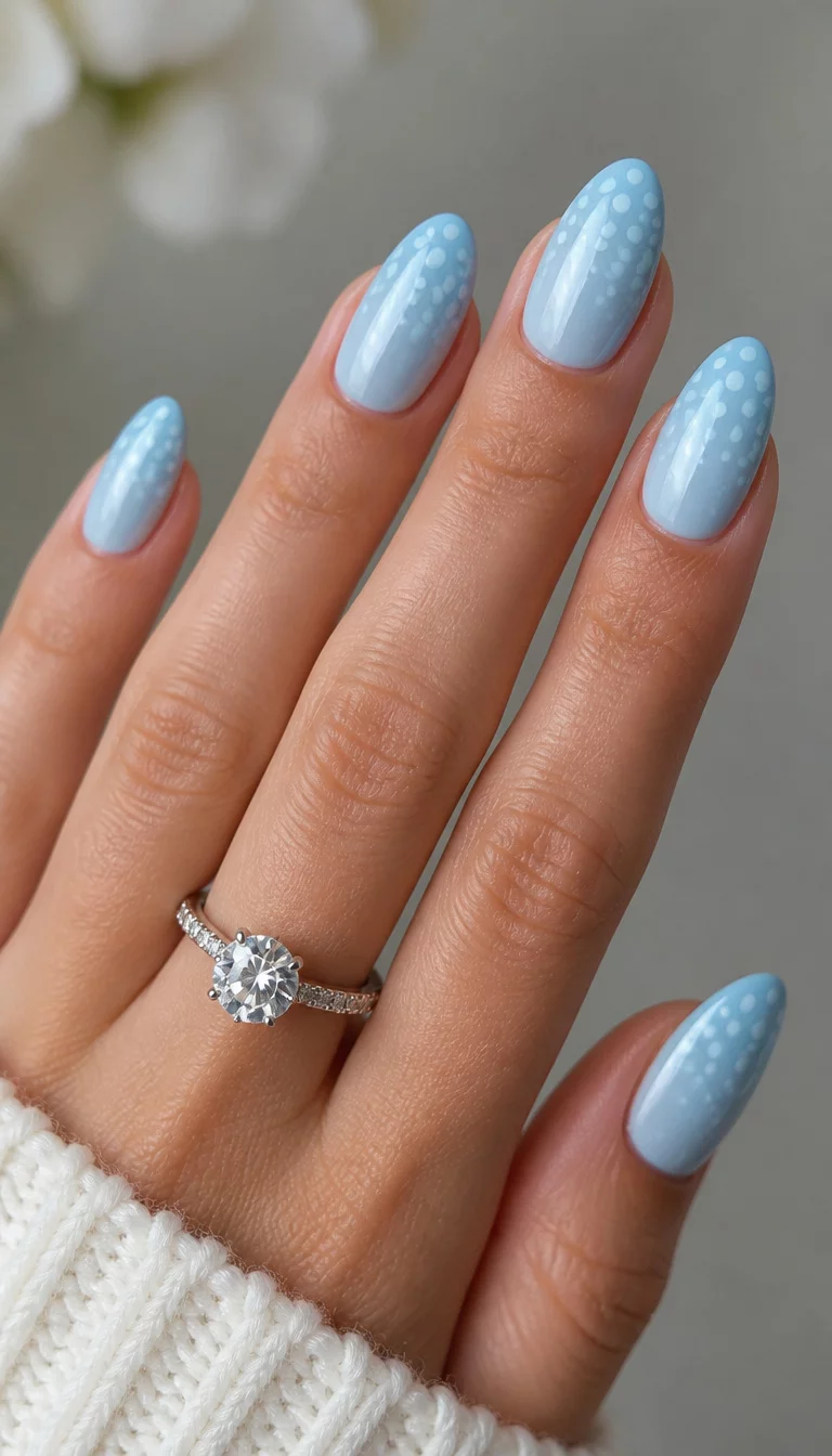 Sky blue nails with polka dots, almond shape
