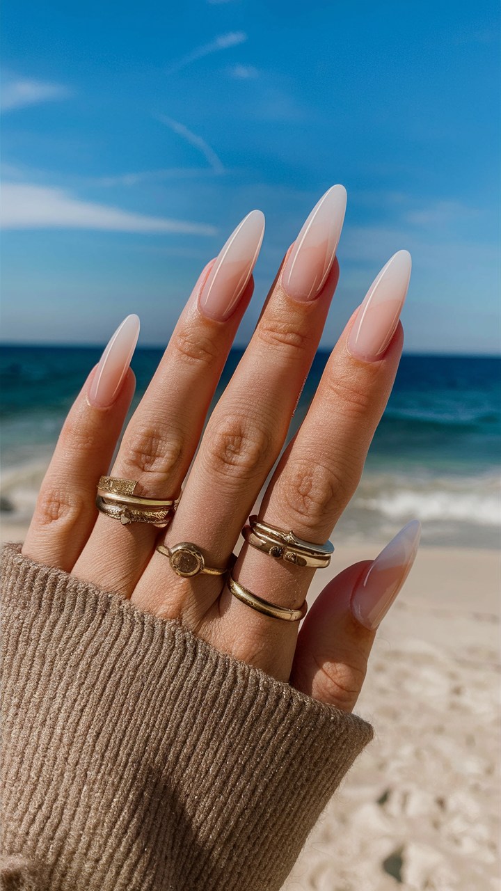 Nude ombré nails, long coffin shape, beach elegance