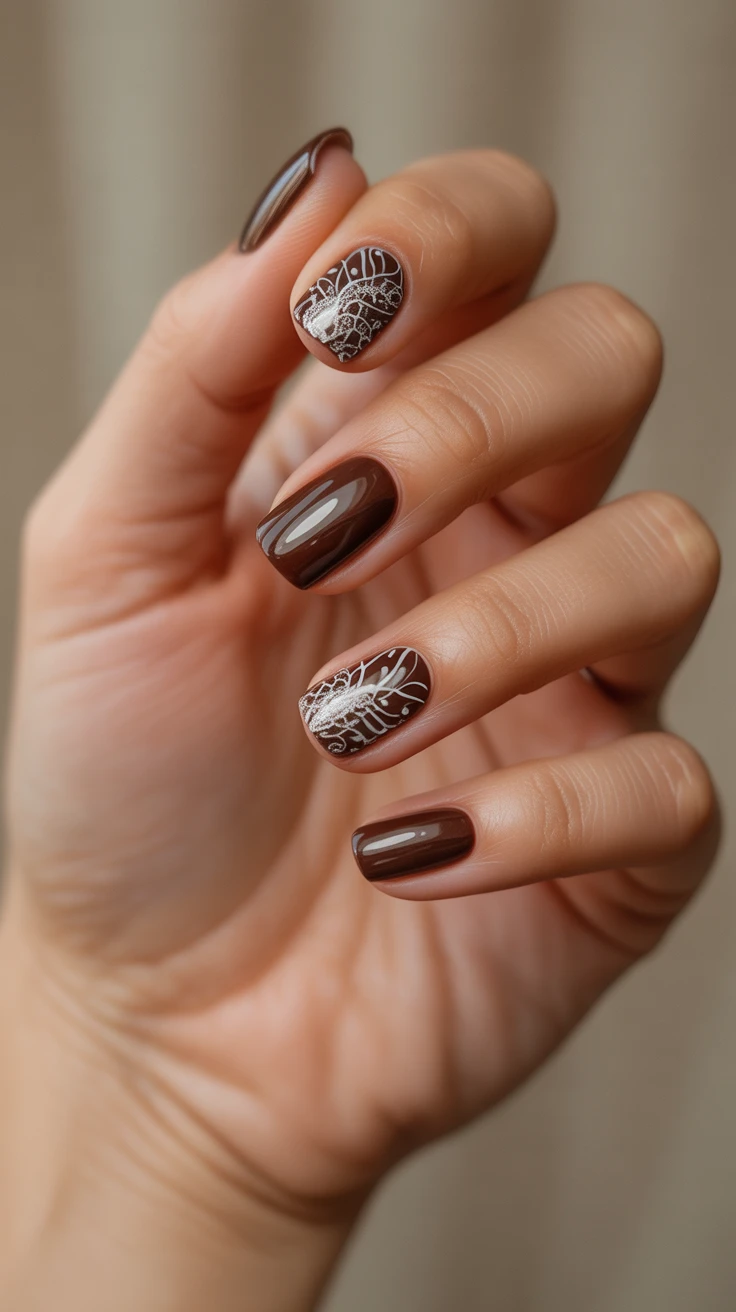 Chocolate nails with lace design, short square shape
