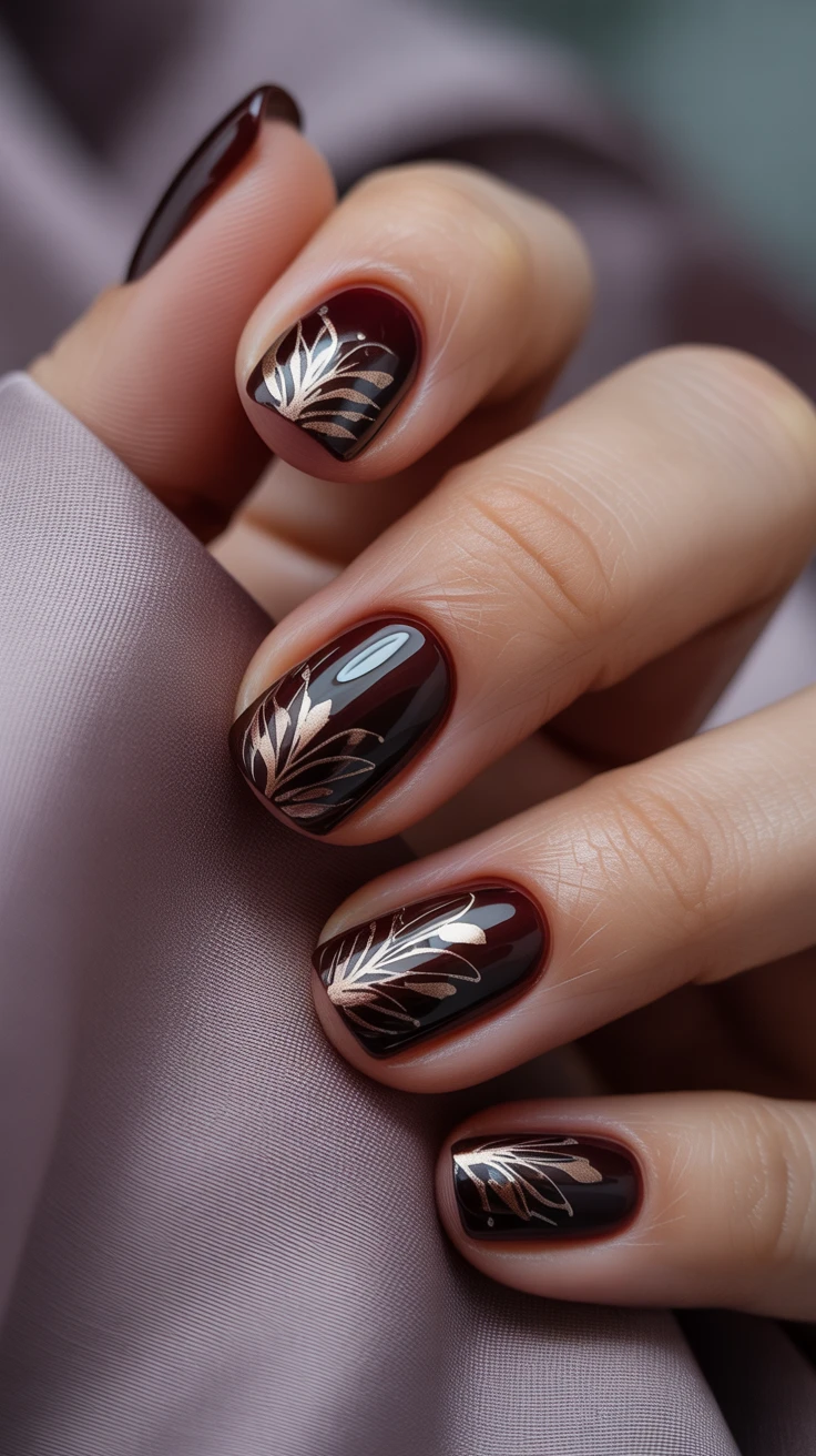 Burgundy nails with leaf design, short oval shape