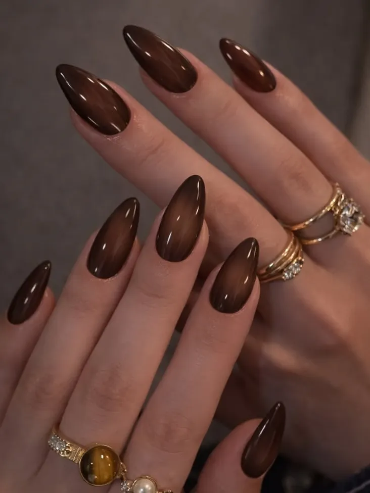 Espresso nails, almond shape, rich elegance