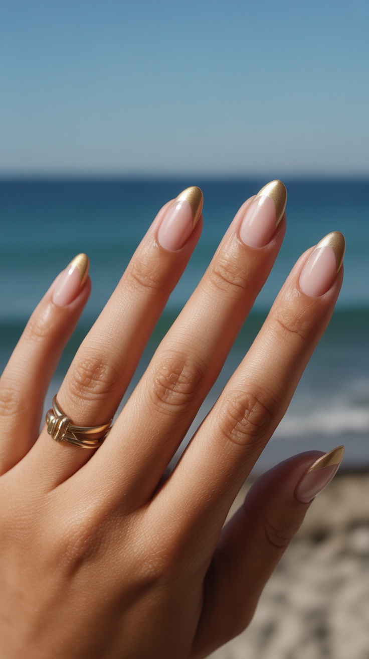 Gold-tipped nails, almond shape, luxury finish