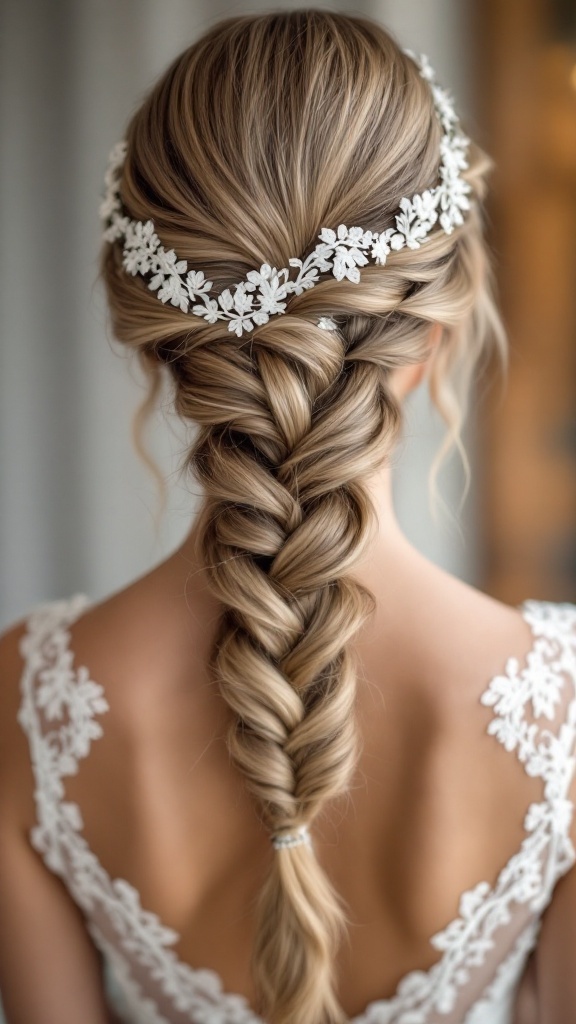 Textured braided updo with floral accessory