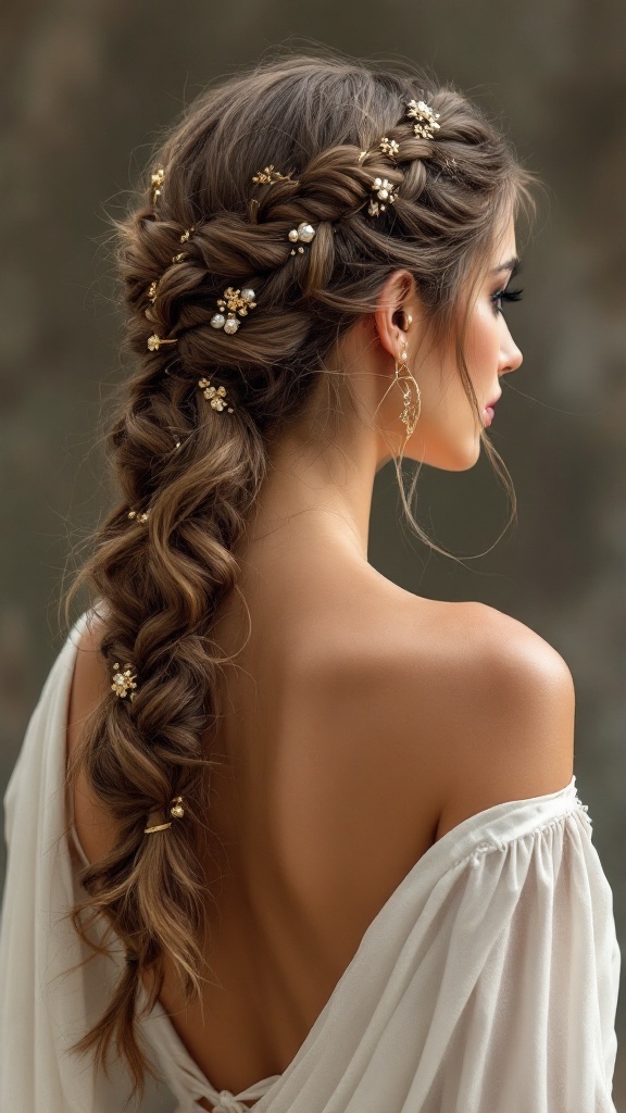 Intricate fishtail braid with floral embellishments