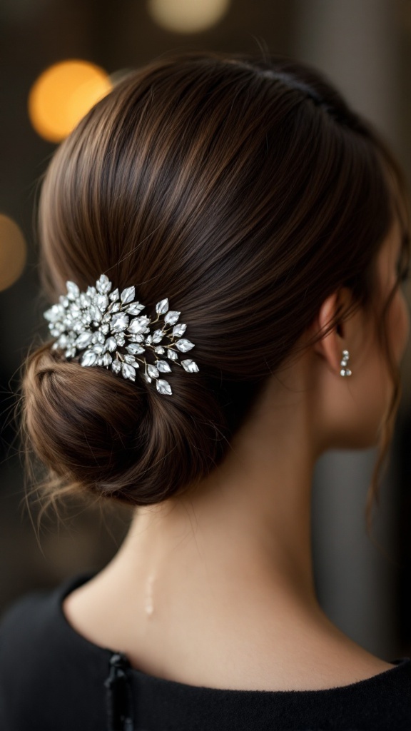 Decorative low bun with crystal hairpiece